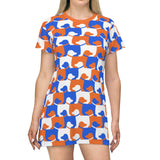Dog Print T-Shirt Dress (orange-blue-white)